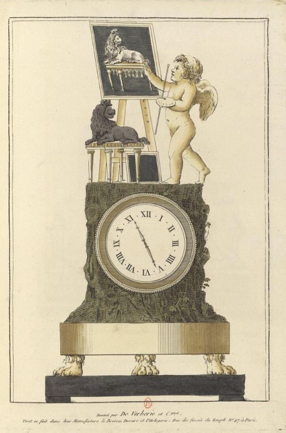 Pendule avec Cupidon peignant un lion.