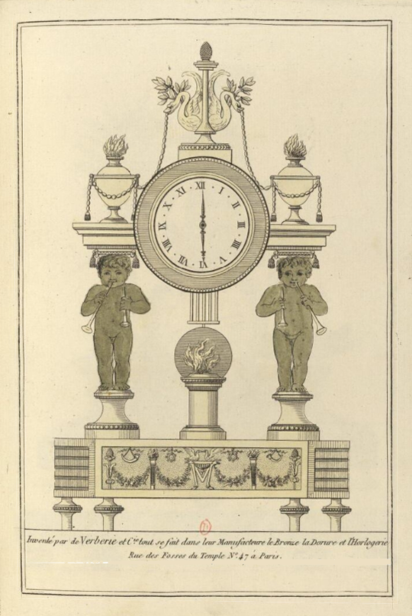 Pendule avec enfants jouant de la double flûte.