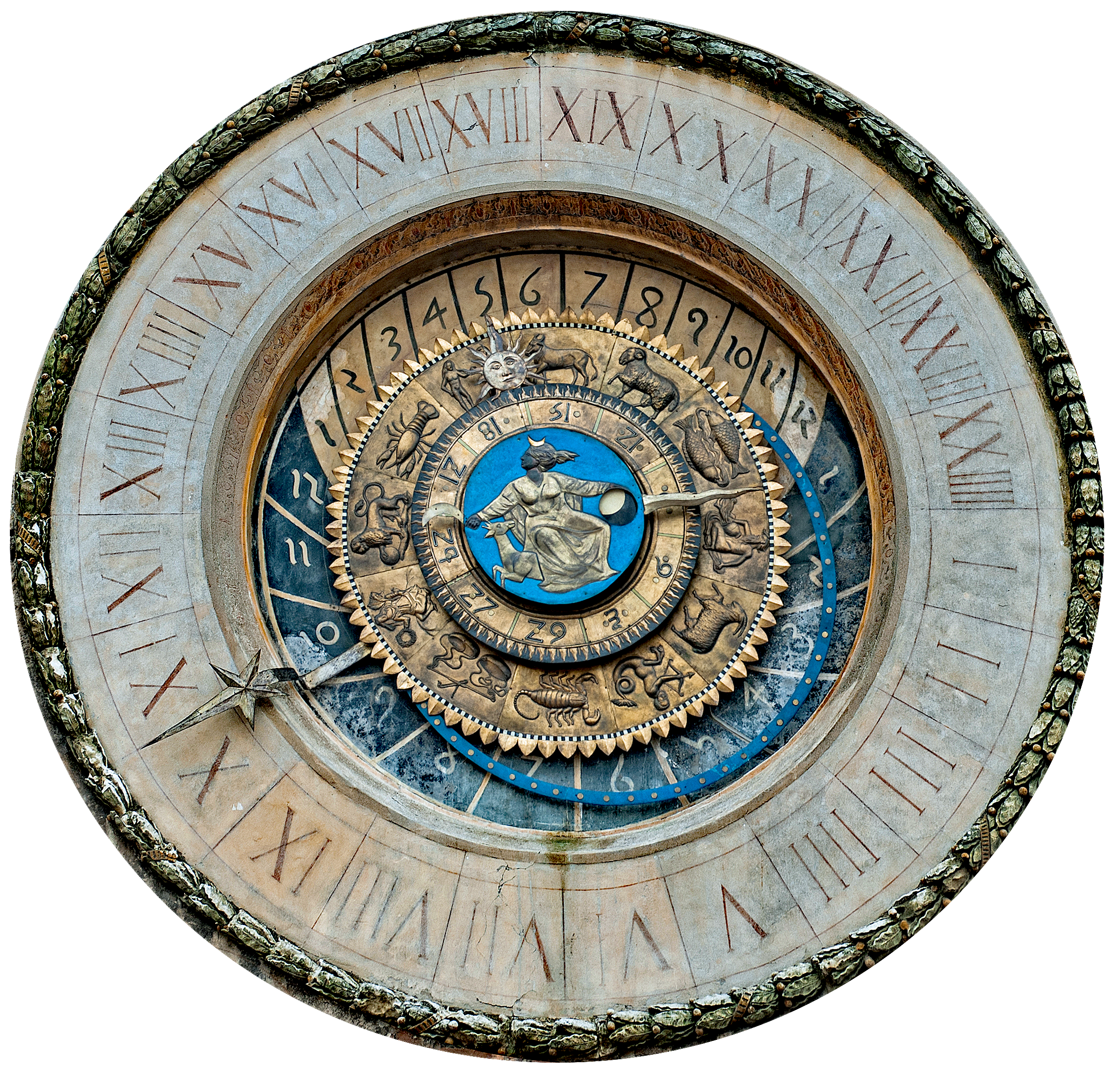 A roman numeral IIII on an Italian public clock dial with counter wise rotating hour hand, Florence c.1450