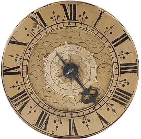 Roman numeral IIII on an English lantern clock dial. 