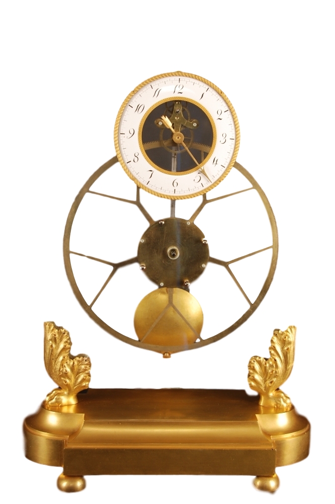 A glass plated skeleton clock with 5 Y shaped crossings, hourhand only, pinwheel escapement and knife edge suspention, France ca 1820.