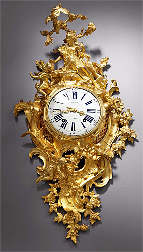 A large and highly important Louis XV gilt bronze figural cartel clock of two weeks duration, the movement by Louis Jouard and magnificent case by the eminent bronzier Jean-Joseph de Saint-Germain.