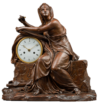 Terra Cotta Case Attributed to Louis-Simon Boizot or his Workshop
Rare Terra Cotta “Egyptian” Mantel Clock 
Egyptian Urania or Allegory of Geometry 
Paris, Consulate period, circa 1800