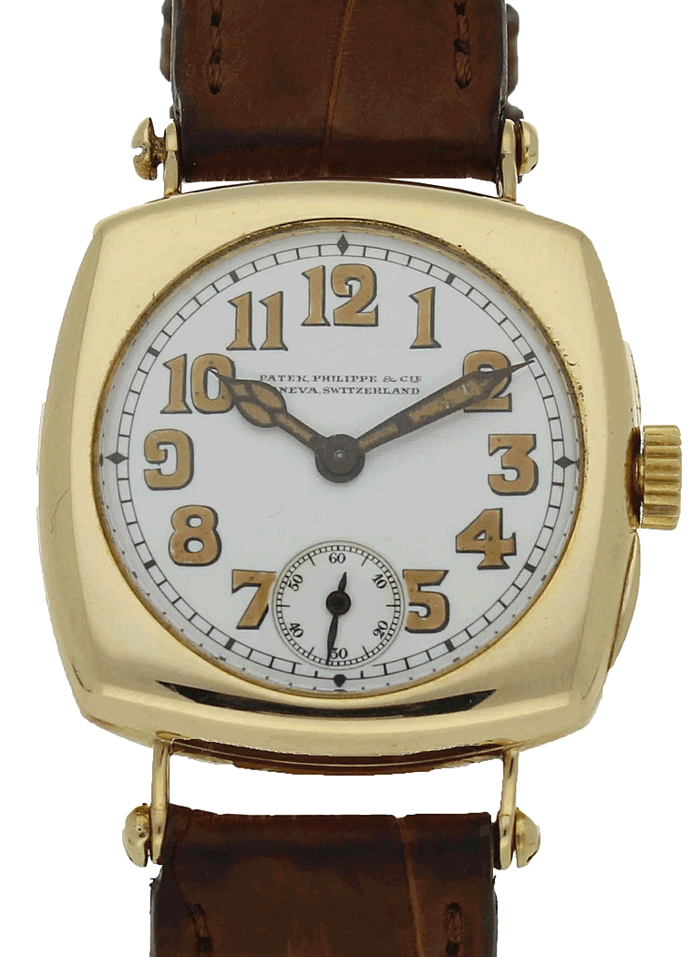 1920 18ct yellow gold cushion case wristwatch with enamel dial by Patek Philippe